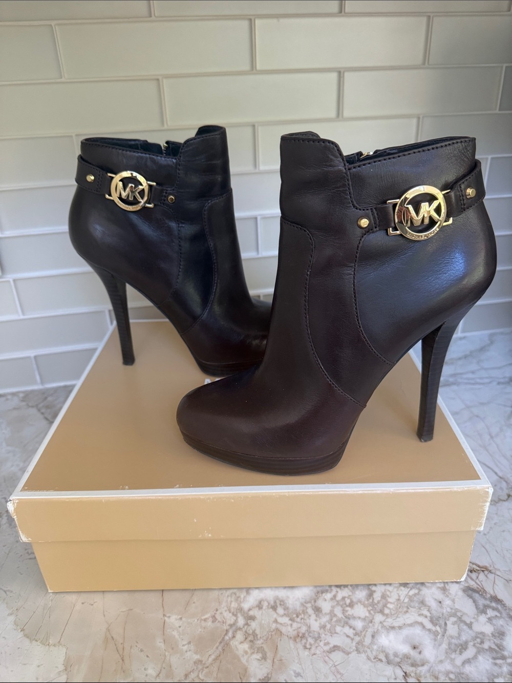 Michael Kors Black Leather High-Heel MK Logo Ankle Booties